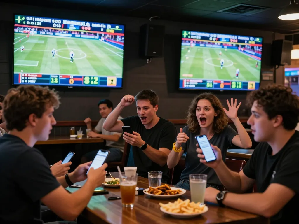 Exciting sports betting scene with patrons checking ผลบอล on mobile apps in a lively sports bar.
