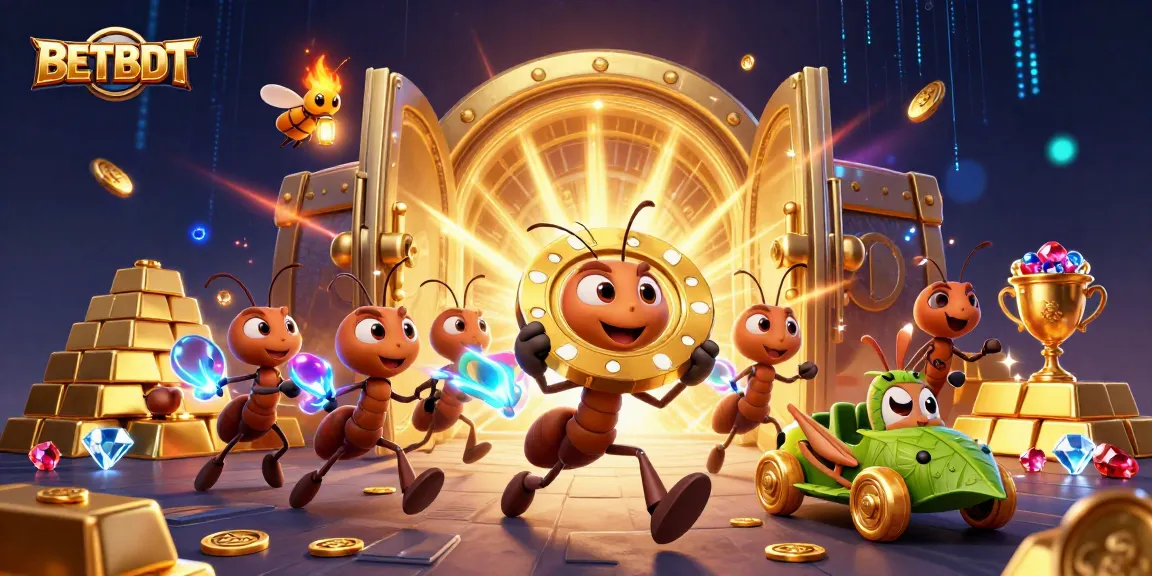 Win big with BETBDT while ants carry a giant poker chip in a dynamic casino heist scene.