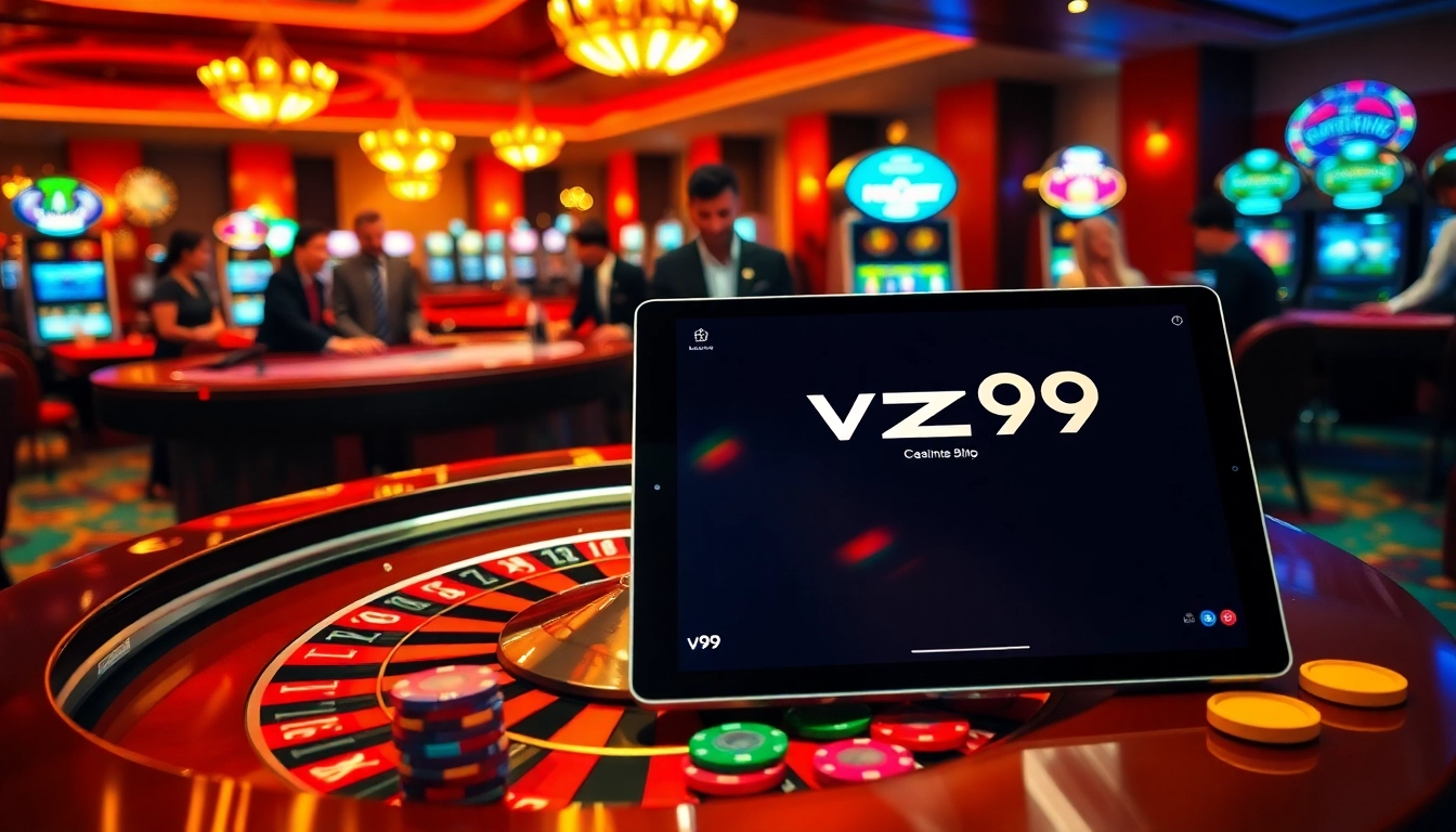 Players enjoying casino games at vz99, featuring a vibrant roulette table and slot machines.
