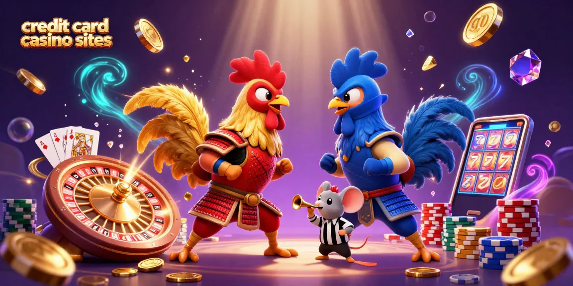 Experience thrilling action at credit card casino sites with 3D roosters in battle adorned by casino elements.
