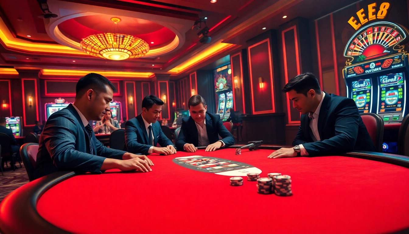ee88 gamblers enjoying a high-stakes poker game at a luxurious casino table