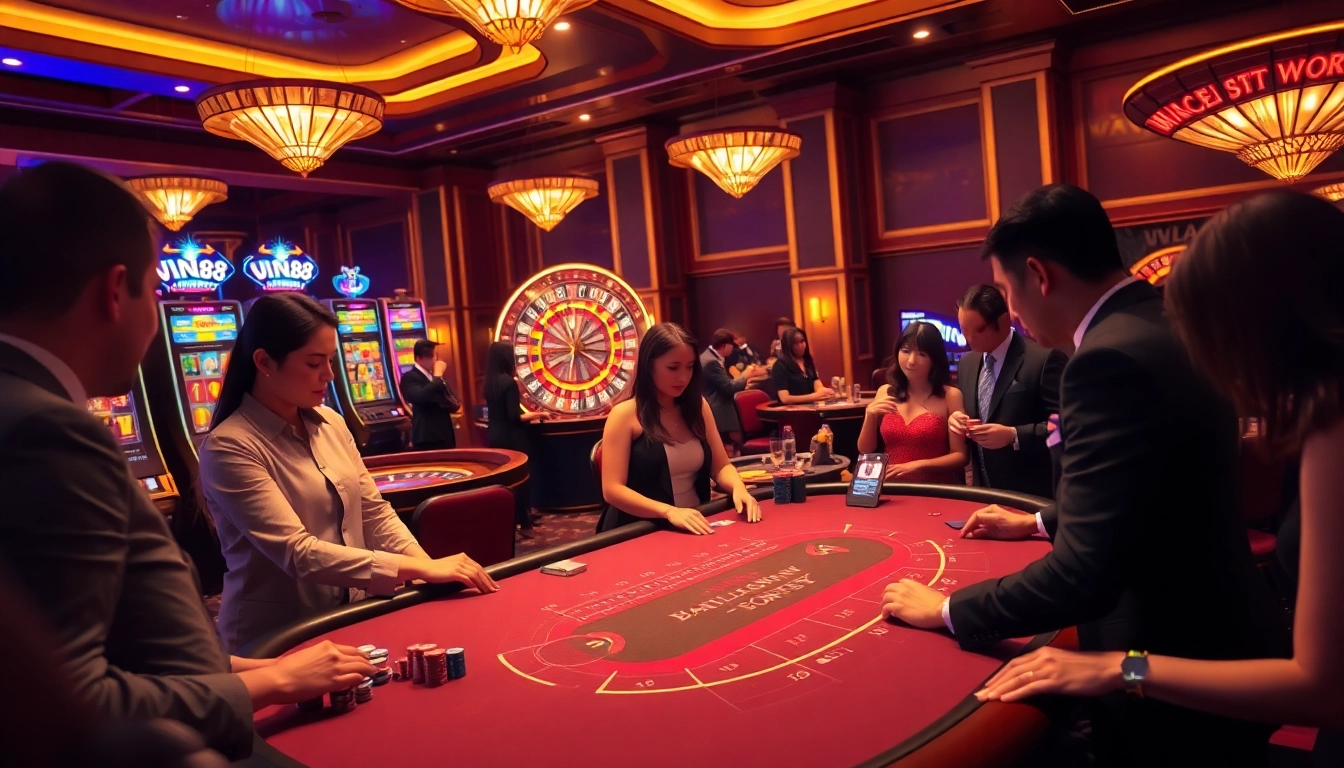 Experience the thrill of Vin88 with an exciting blackjack table and vibrant casino atmosphere.