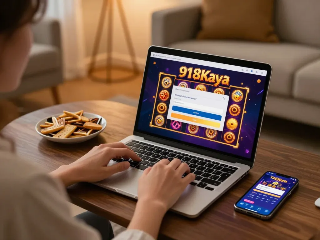 Login and registration process on 918Kaya displayed on laptop in a cozy home setting, showcasing user engagement in online gambling.