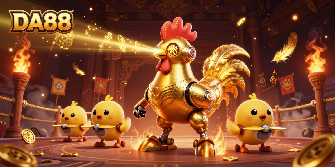 Engage in thrilling gameplay at DA88 featuring a futuristic golden rooster robot and baby chick drones.