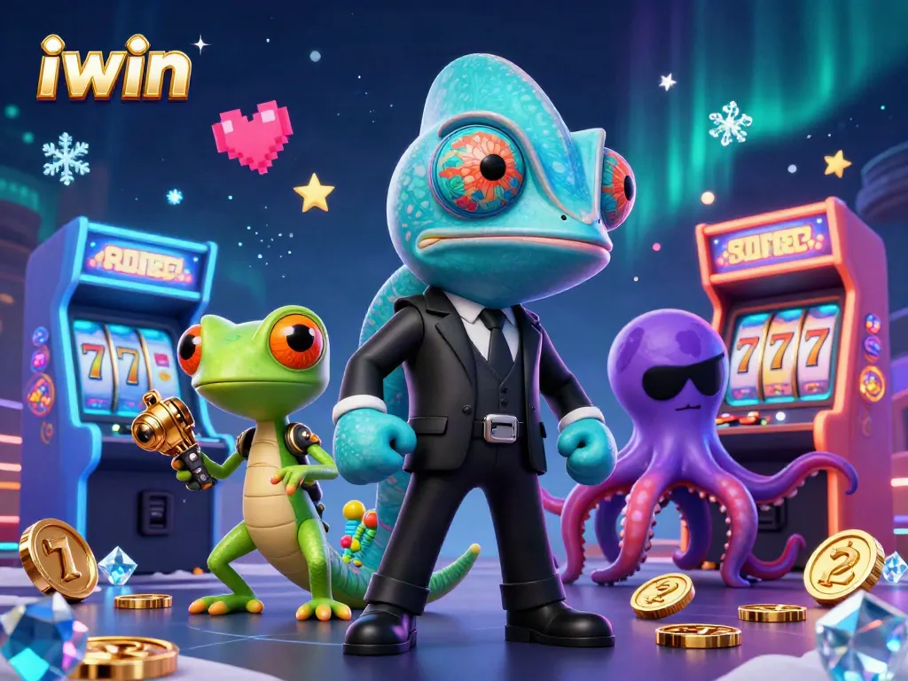 Engage with iwin's exciting casino-themed illustration featuring colorful game elements and vibrant characters.