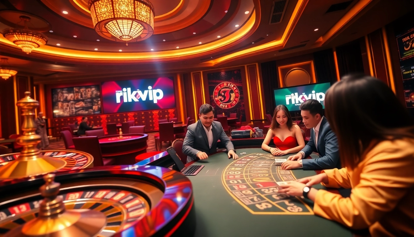 Gamblers engaging in exciting games at Rikvip casino with vibrant casino elements.