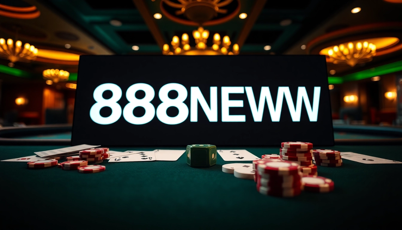 Experience the excitement of online gaming at 888NEW casino featuring vibrant tables, cards, and chips.