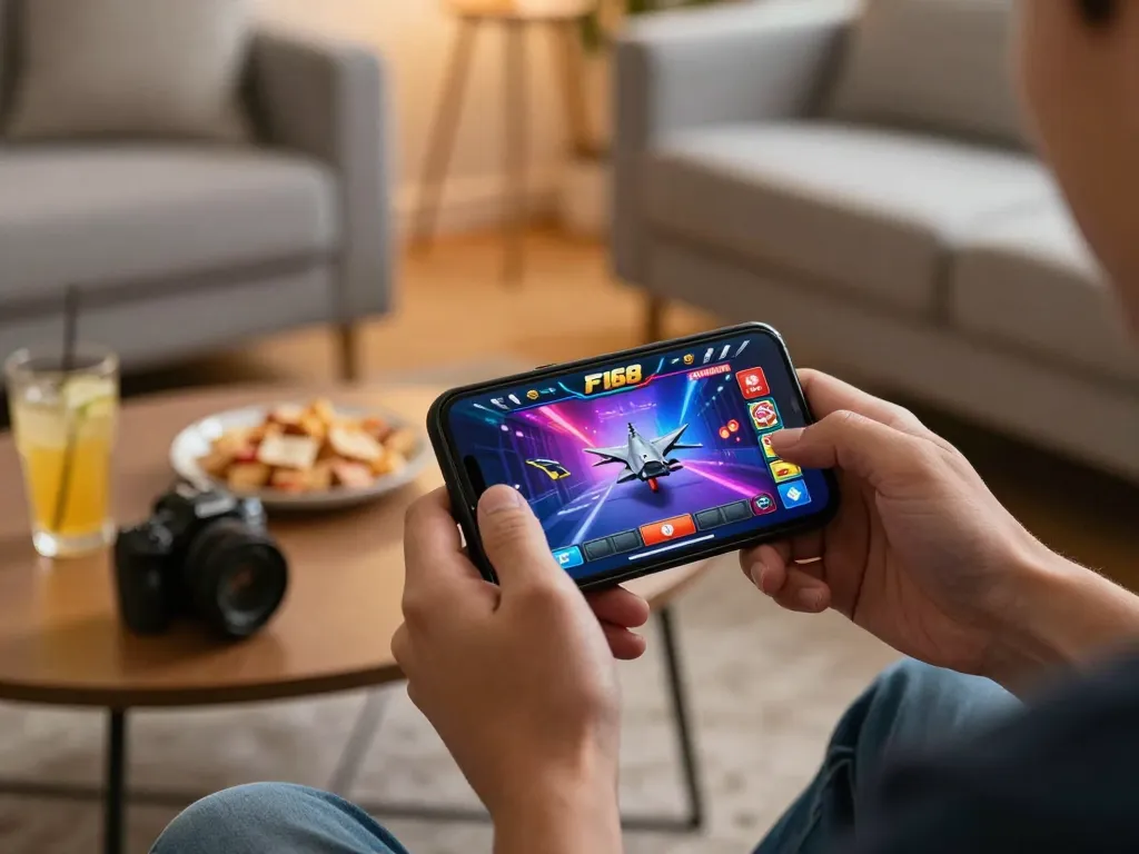 Experience thrilling gameplay with F168 casino app, showcasing exciting mobile gaming in a cozy setting.