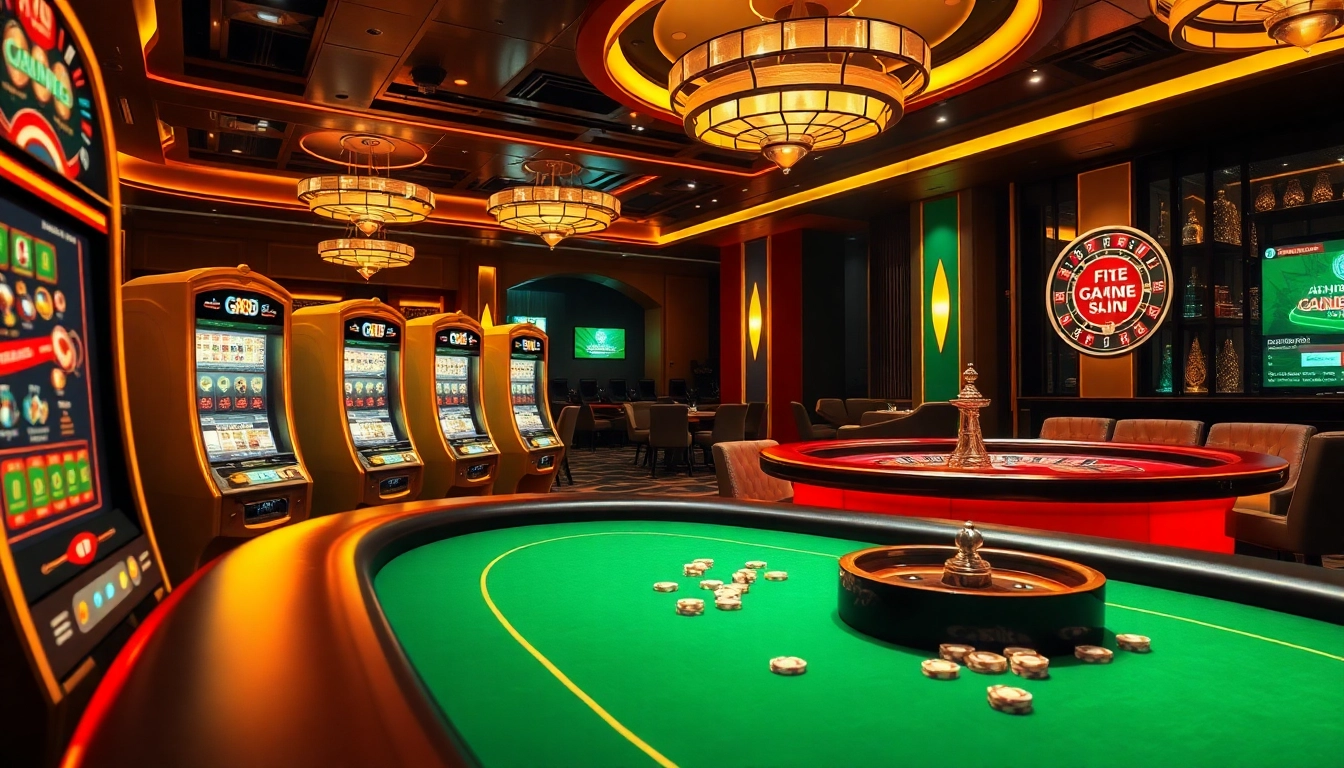 Engaging gambling scene at GK88 featuring strategic betting tables and vibrant slot machines.