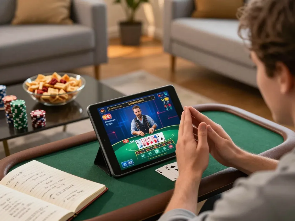 Hitclub player engaged in live dealer blackjack on tablet in a cozy home setting