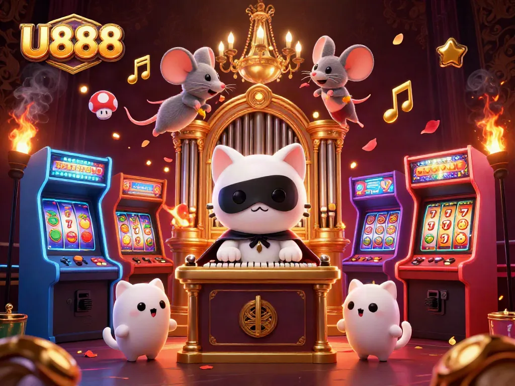 Engage in gameplay at U888, illustrated in a vibrant casino scene with slot reels and game machines.