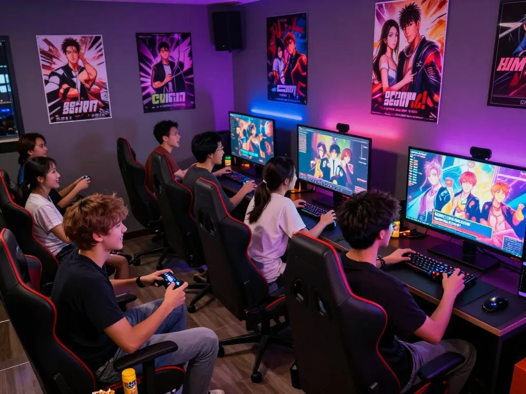 Friends enjoying porn games in a vibrant gaming lounge with colorful lights.