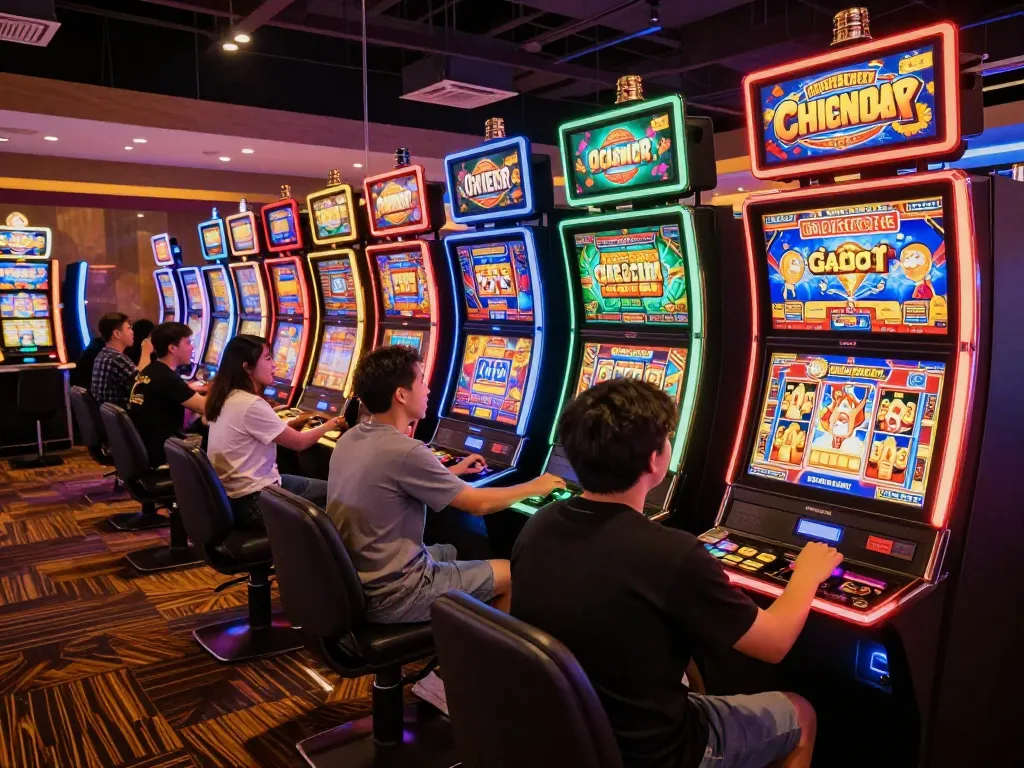 Players celebrate wins at vibrant Slot Gacor machines in a lively casino atmosphere.