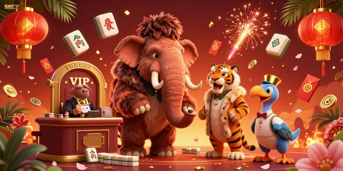 Experience vibrant RIKVIP gaming with a 3D casino scene featuring a woolly mammoth bouncer and vibrant symbols.