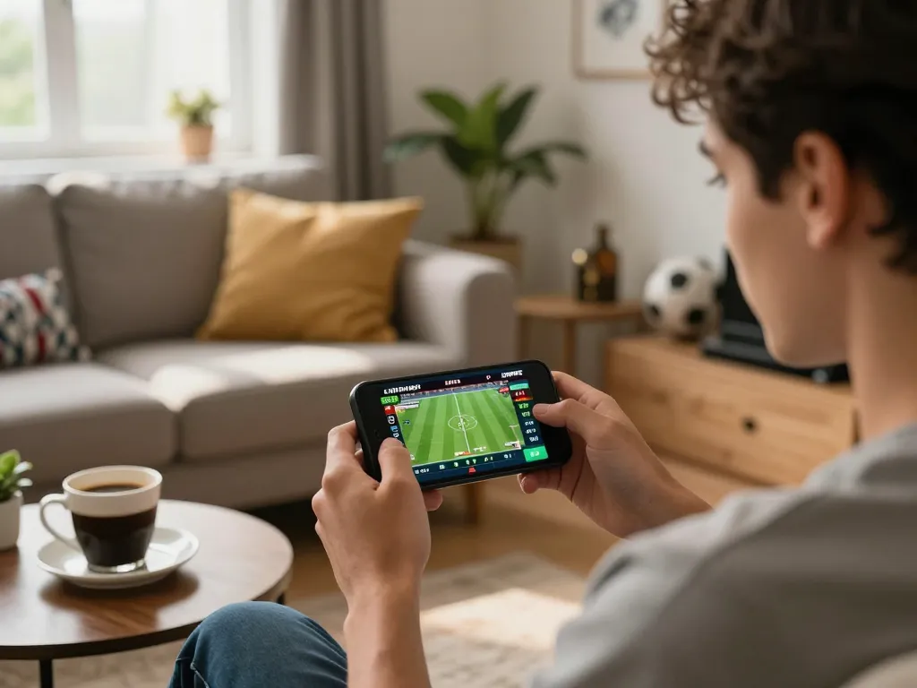 Sbotop user engaging with live sports betting odds on smartphone in a cozy home setting.