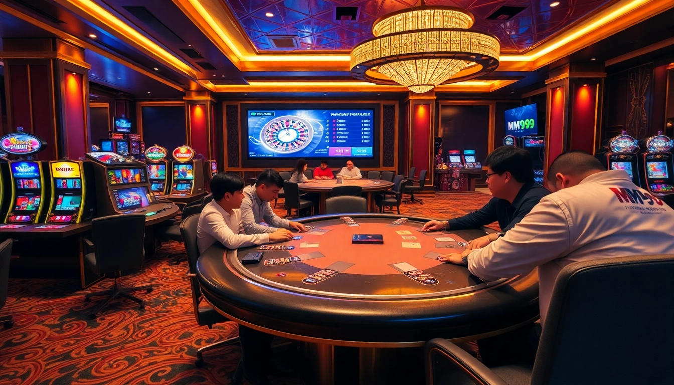 Players enjoying a thrilling game at MM99 casino with vibrant slot machines and roulette wheel.