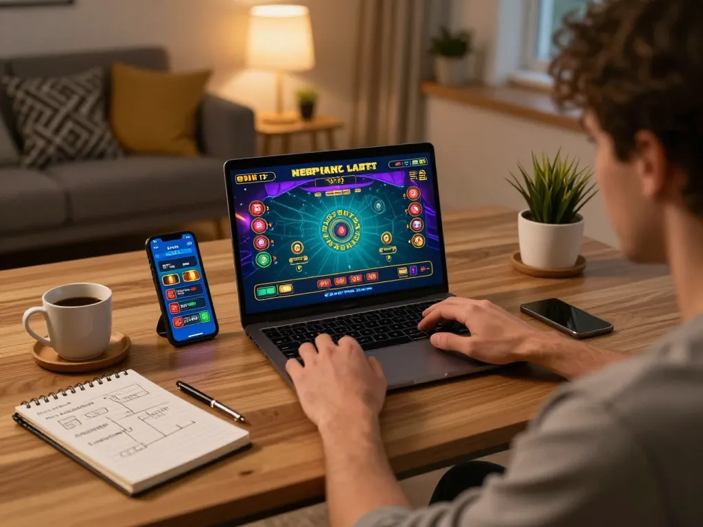 Person engaging in online casino gameplay on 28bet8, showcasing a home gaming setup.