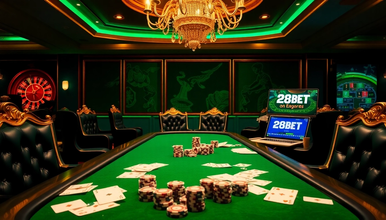 Exciting poker scene featuring 28BET chips and cards in a luxurious casino atmosphere.
