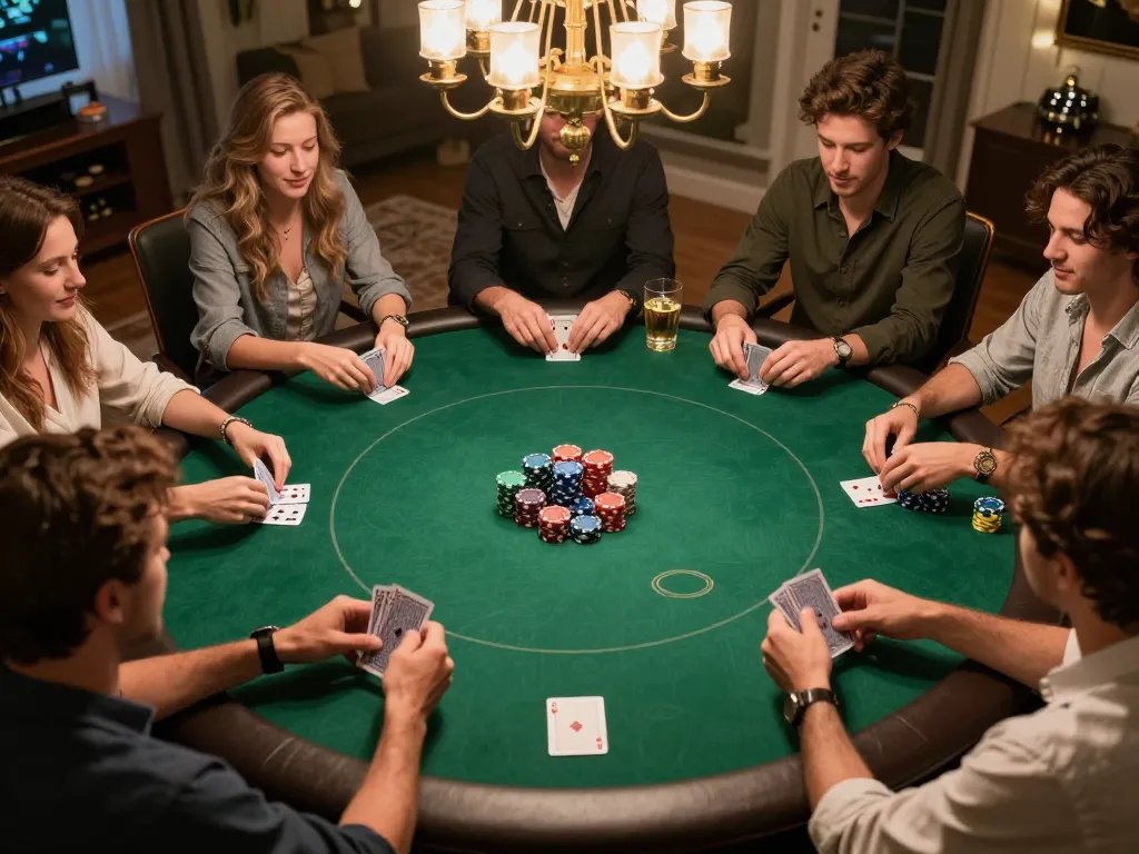 Friends playing poker at home with 99ok cards and chips, creating a vibrant social atmosphere.