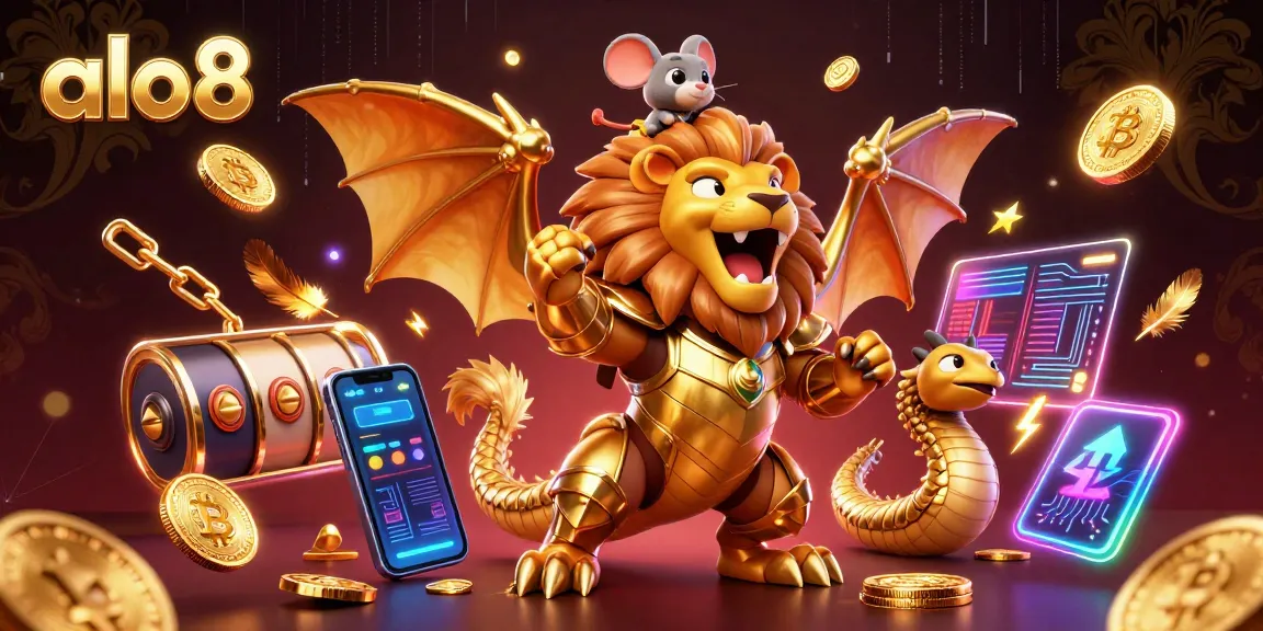 Alo8 features a roaring chimera with a mouse jockey amidst glowing crypto coins and dazzling game elements.