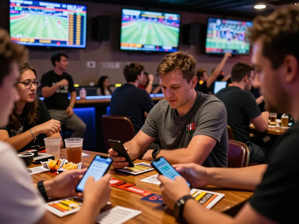 Engaged bettors analyzing kèo nhà cái hôm nay in a lively sportsbook atmosphere.