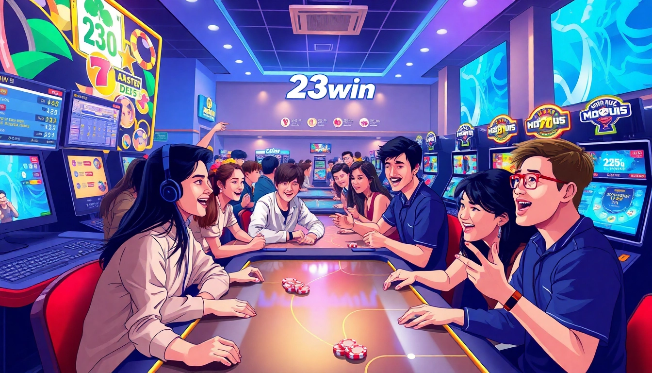 Dynamic gaming scene at 23win showcasing diverse players enjoying online betting and casino games.