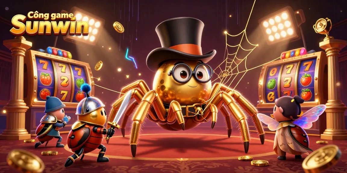 Cổng game Sunwin offers a captivating experience with a cartoon golden tarantula and beetle knight amidst vibrant slot games.