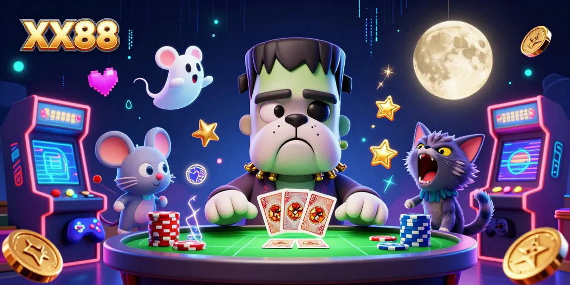 XX88 brings thrilling fun with a Frankenstein bulldog dealing cards in a vibrant casino scene.