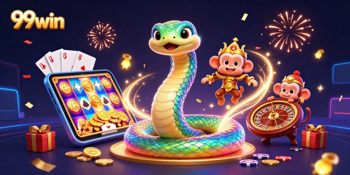 Engage with exciting 99win slots surrounded by vibrant casino elements in a colorful, dynamic scene.