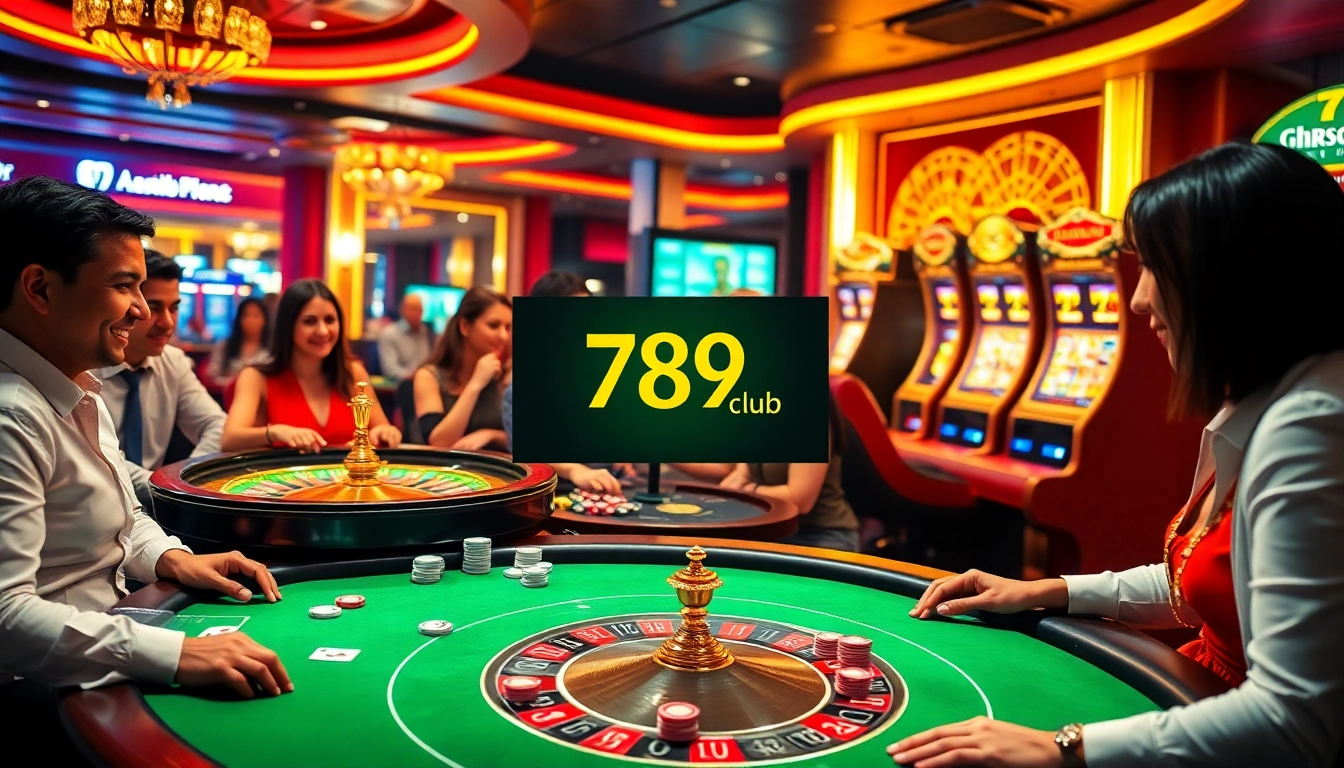 Players enjoying a vibrant game at 789club casino with poker chips and slot machines.