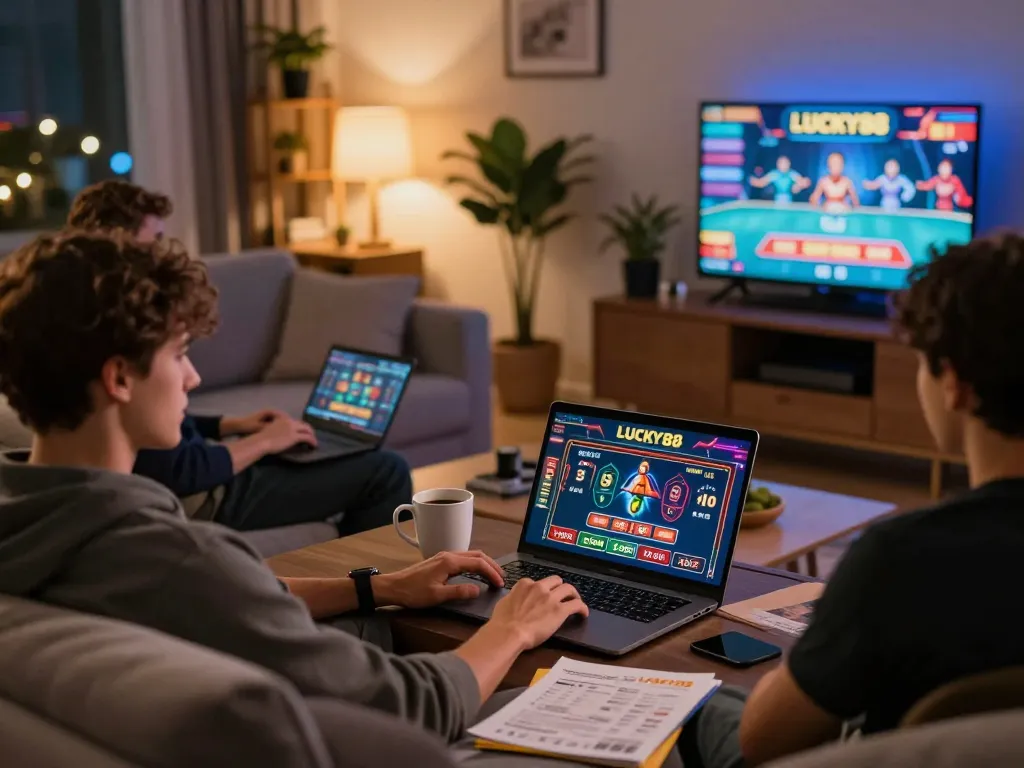 Engaging with LUCKY88's online casino from a cozy home gaming setup.