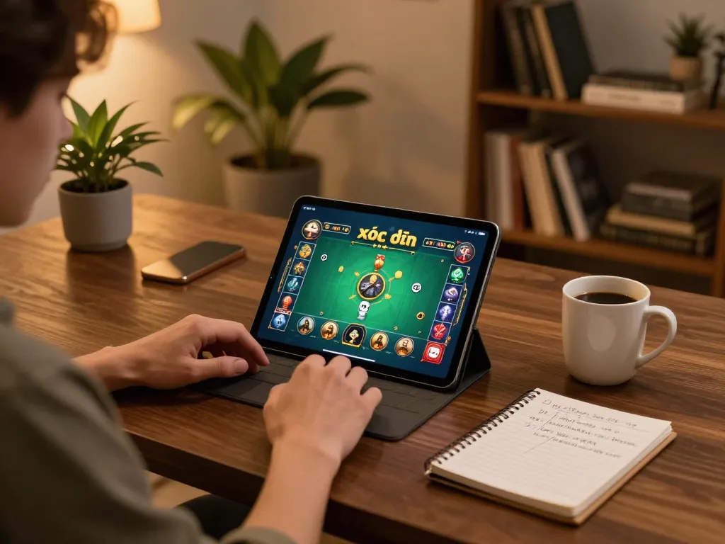 Player engaging in an online xóc đĩa game, focusing on the tablet with strategic notes beside.
