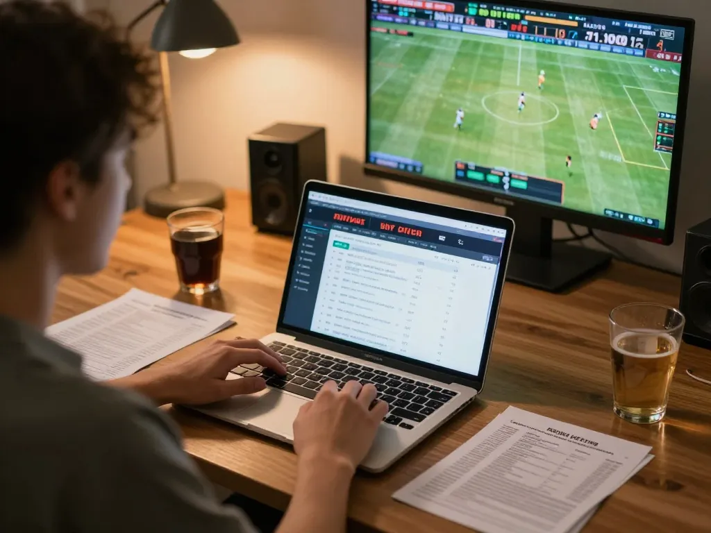 Kuwin user actively placing sports bets from home workspace with screens showing live games