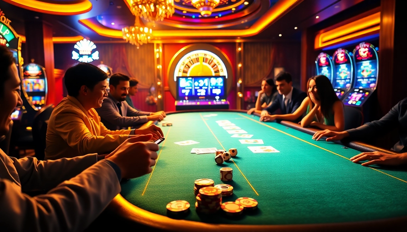 Experience thrilling games at iboslot's professional casino table with vibrant slot machines and excited players.