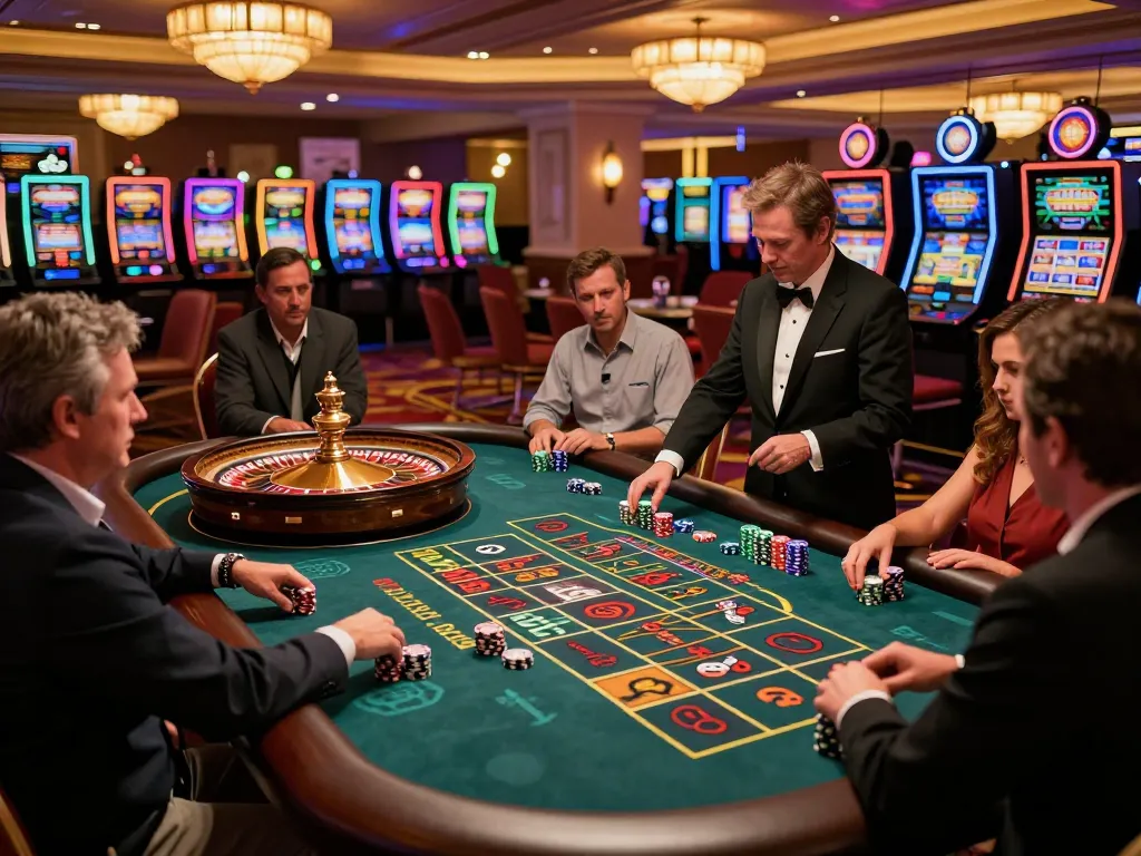 VA88 players engaging in thrilling roulette game at a luxurious casino, vibrant atmosphere