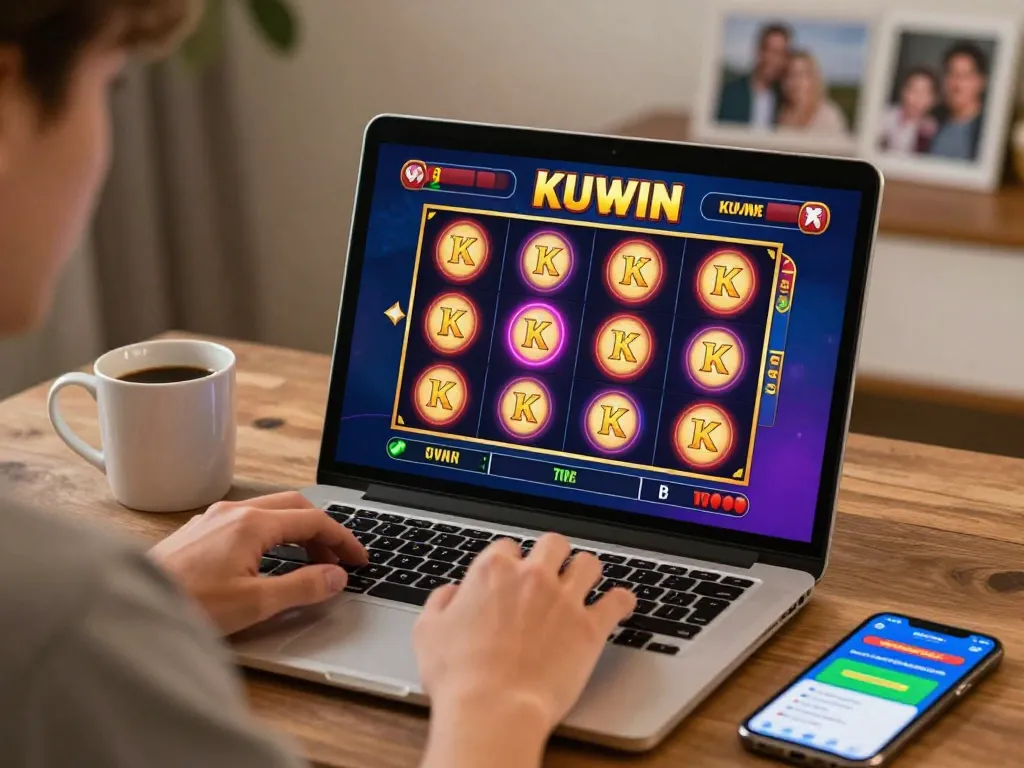 Player enjoying KUWIN slot machine game on laptop in cozy home setting