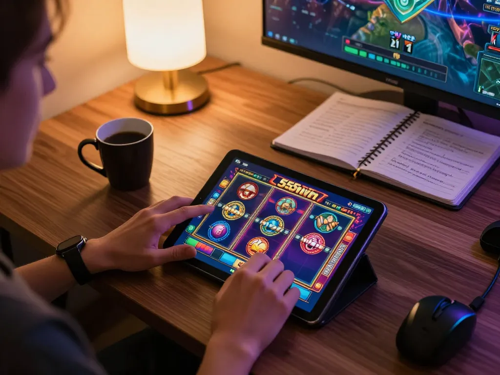 Engaging 555win slot gameplay in a cozy home setting with a tablet