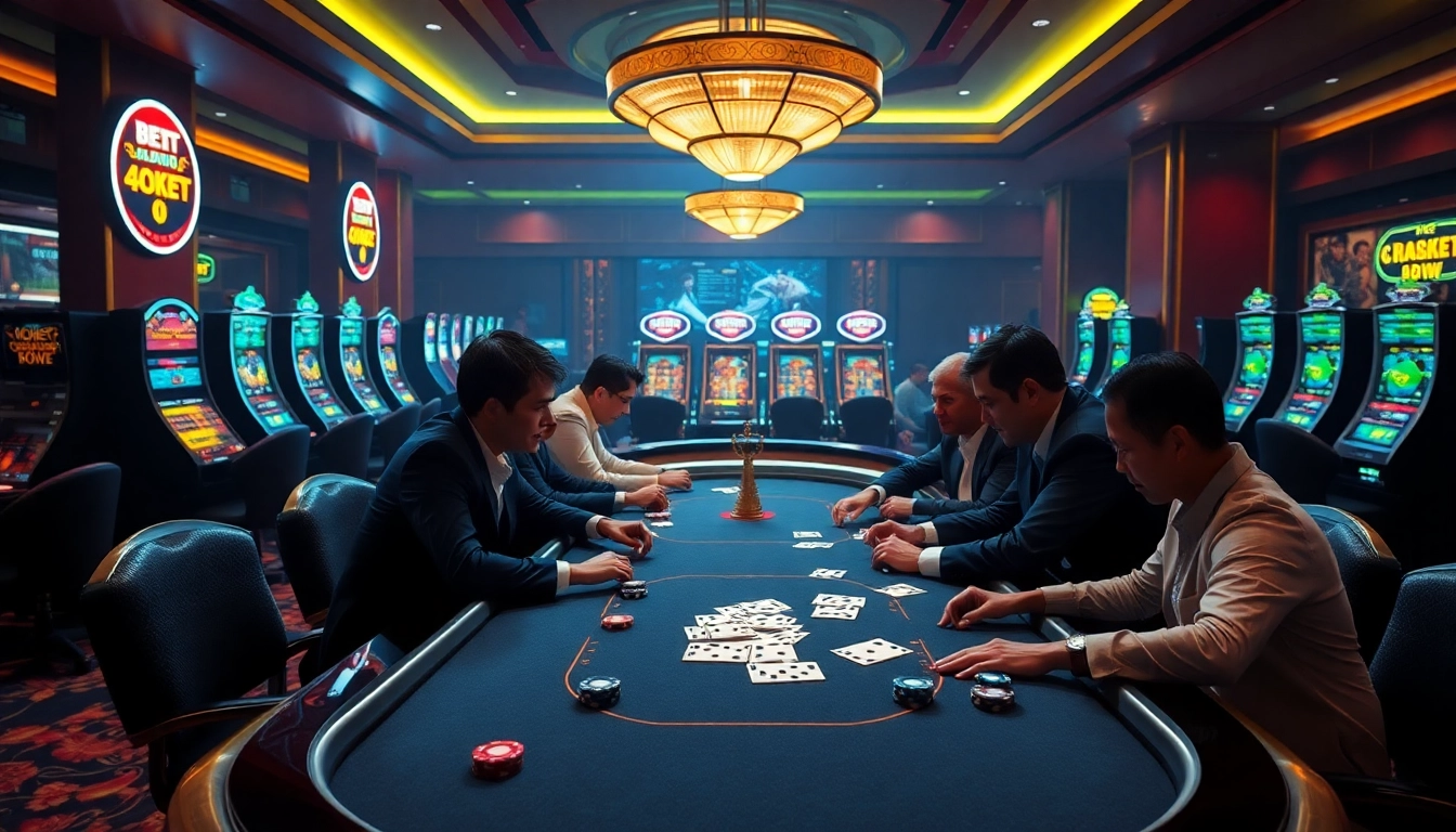 Exciting 8KBET casino scene featuring poker gameplay and vibrant slot machines.
