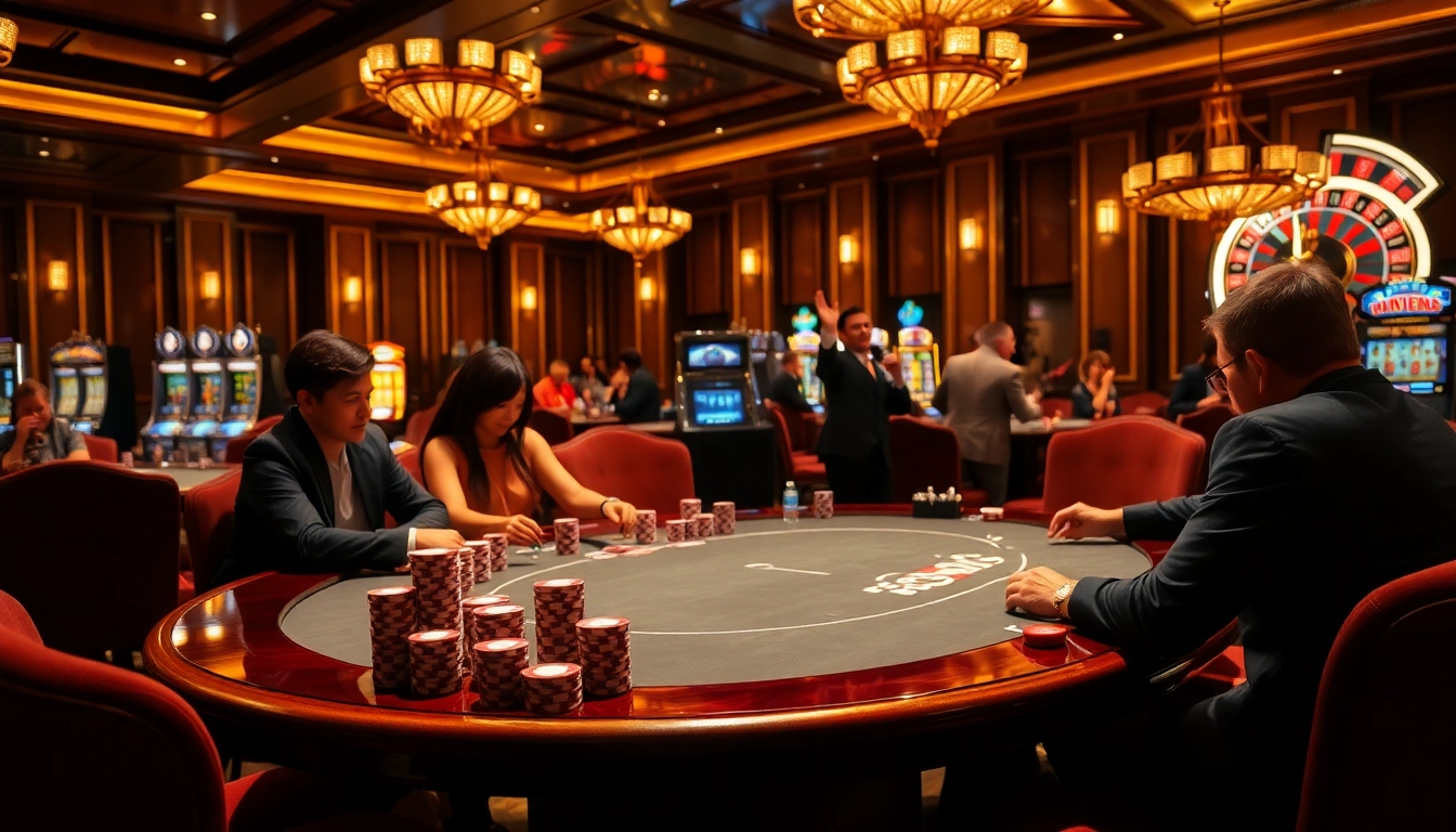 Players engaged in a high-stakes poker game with B52 chips in a luxurious casino atmosphere.