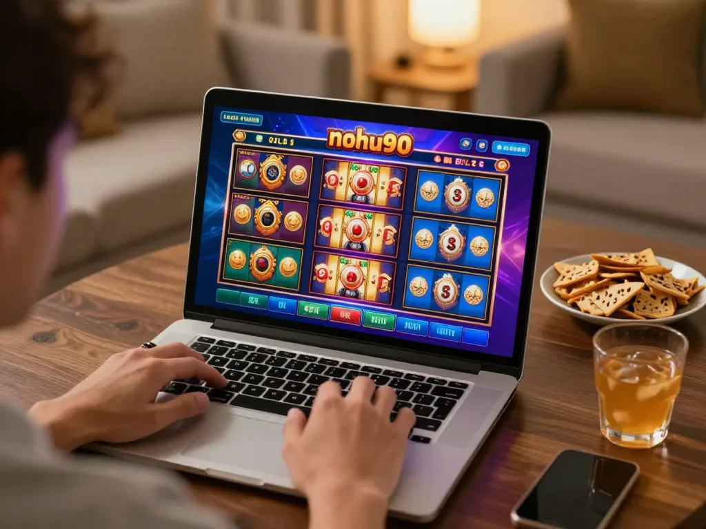 Engaging player enjoying nohu90 online casino with vibrant slot game interface.