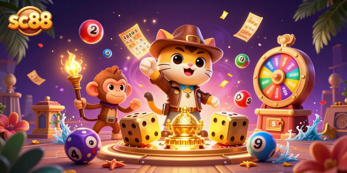 Engage in thrilling gameplay with sc88 as the explorer cat uncovers golden casino treasures amidst colorful elements.