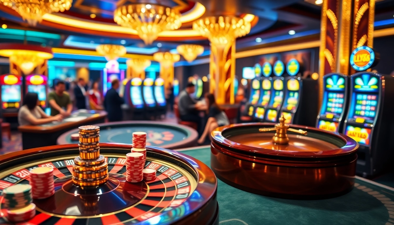 FLY88 casino experience with roulette and poker action in a vibrant setting.