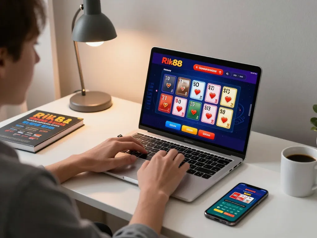 Engaging online player enjoying Rik88 casino games at a modern laptop setup.