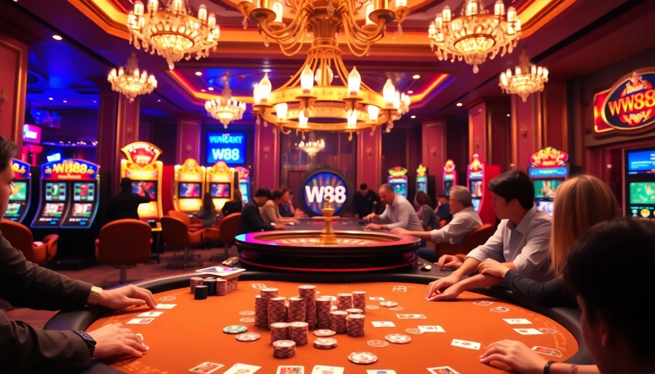 Betting at WW88 casino table with colorful chips and cards, capturing excitement of gambling.