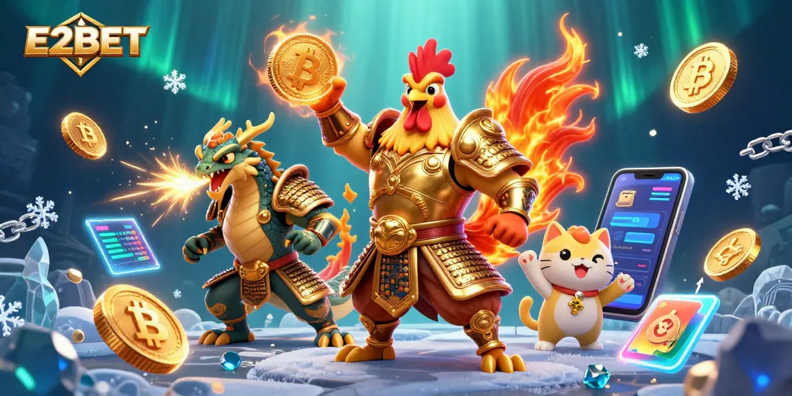 E2BET slots dynamic scene featuring a rooster warrior, dragon hatchling, and fortune cat amidst casino elements.