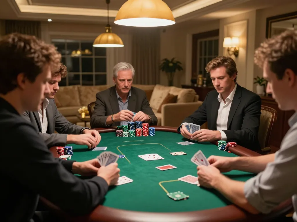 Dabet players enjoying a lively poker game at home, showcasing strategic gameplay and immersive atmosphere.