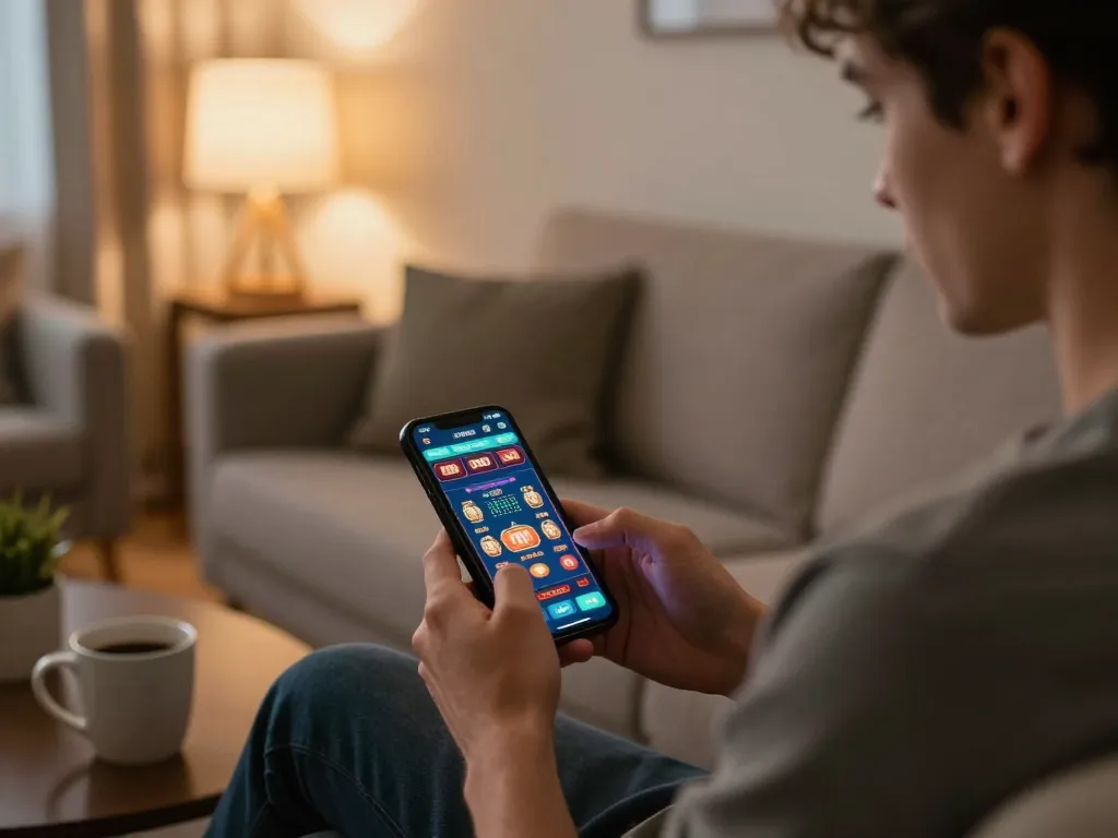 Engaged user enjoying go88 online gaming experience on smartphone in cozy home setting