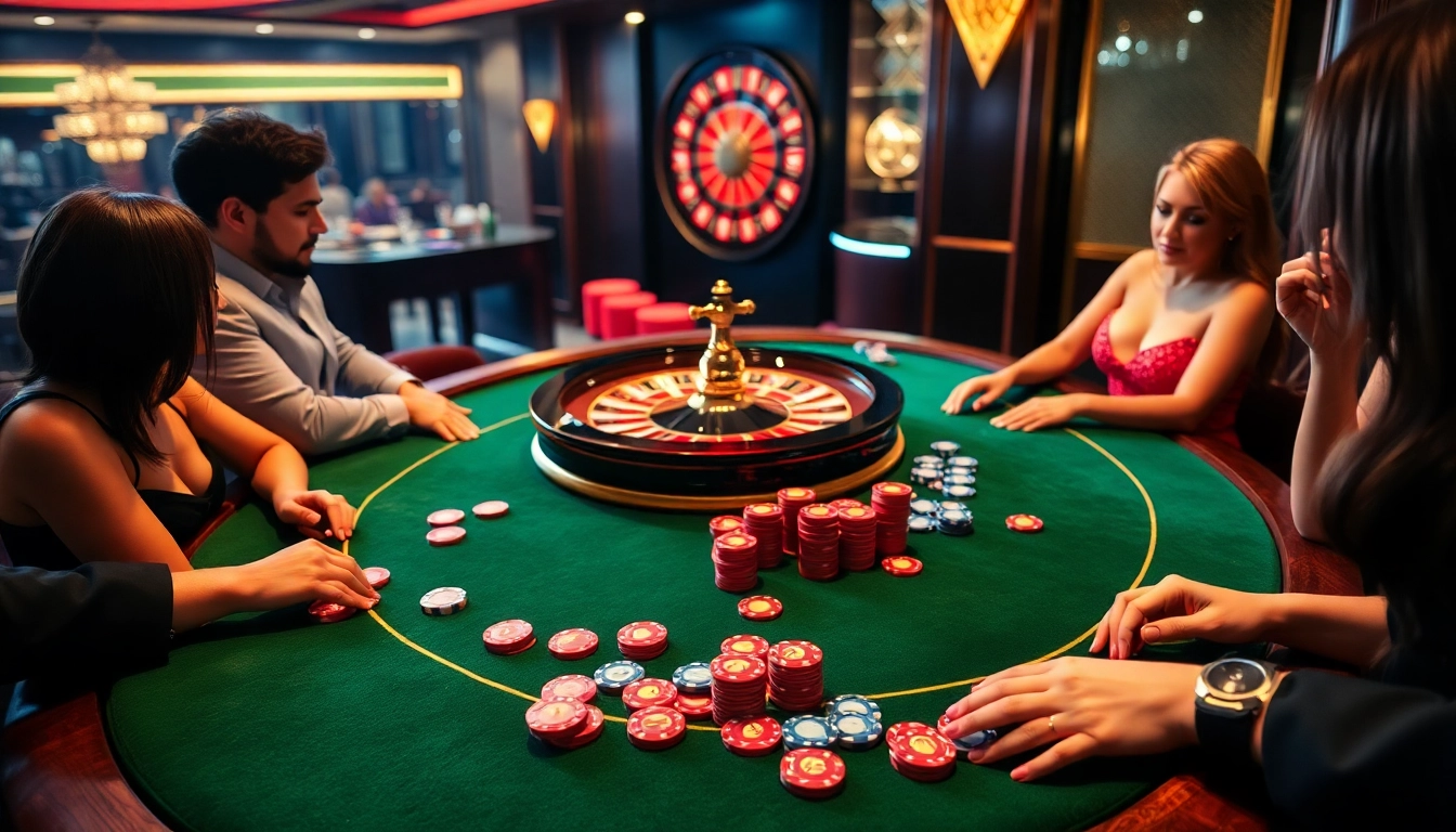 Crown your bets at KIM88 - a vibrant casino atmosphere with poker tables and roulette showcasing excitement.