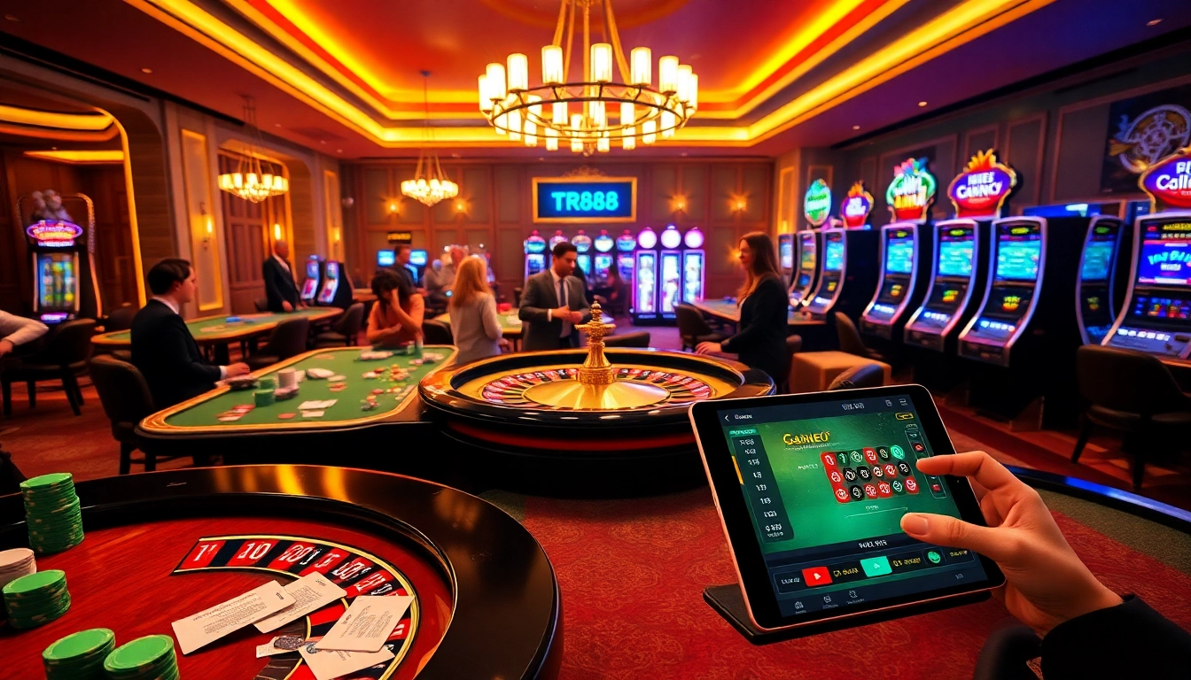 TR88 players enjoying vibrant casino games with dynamic tables and slot machines.