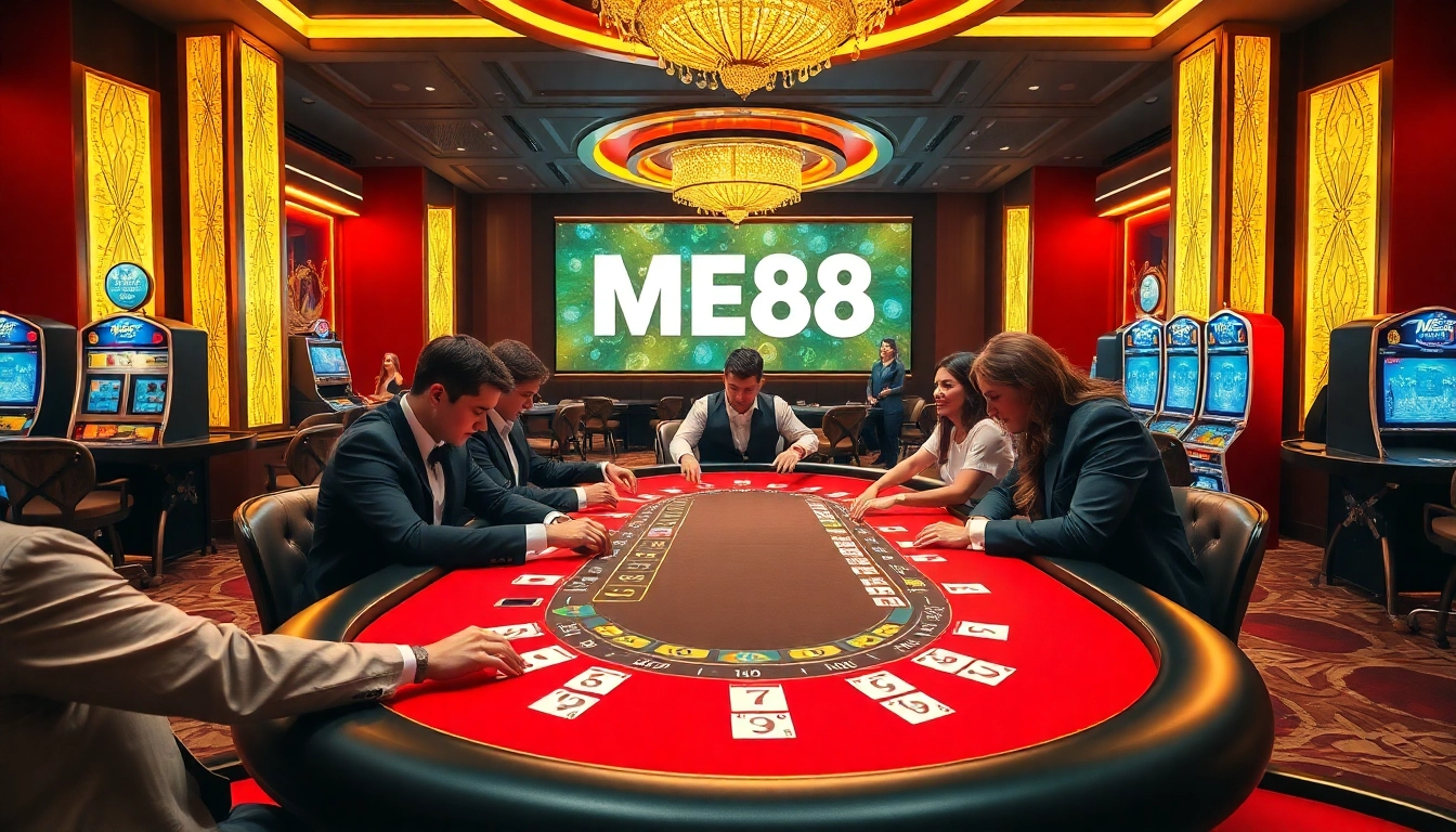 Players enjoying games at ME88's luxurious online casino, showcasing vibrant tables and glamorous atmosphere.